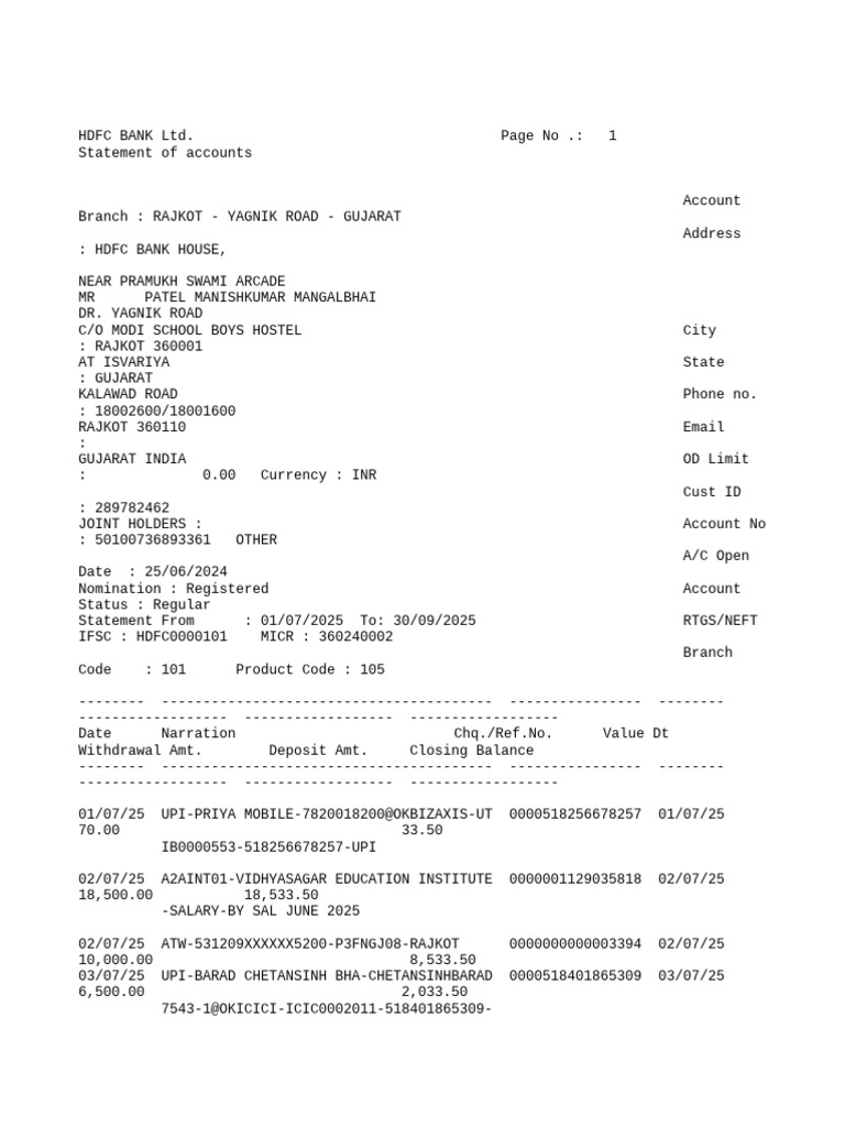 HDFC Bank Account Statement: July-Sept 2025 | PDF | Financial Services ...