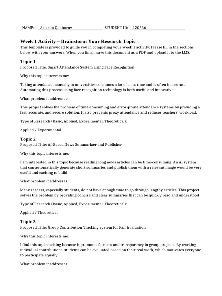 Week1 ResearchTopics Template | PDF | Learning | Human Communication