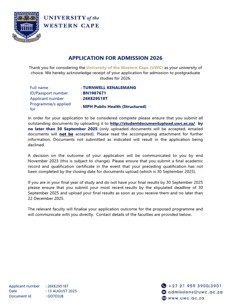 UWC Postgraduate Admission Application 2026 | PDF