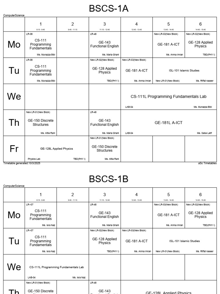 FAll 2025 Classwise Timetable | PDF | Computer Science | Computing
