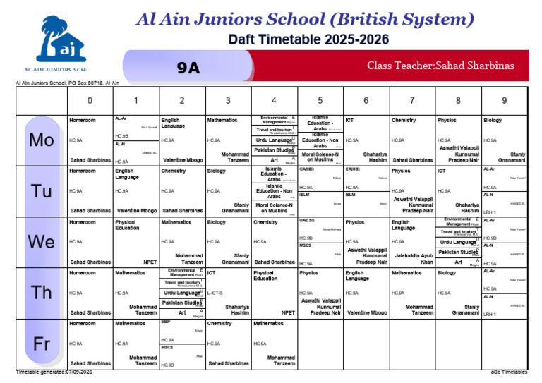 Al Ain Juniors School 9A Timetable 2025-2026 | PDF | Pakistan | Asia