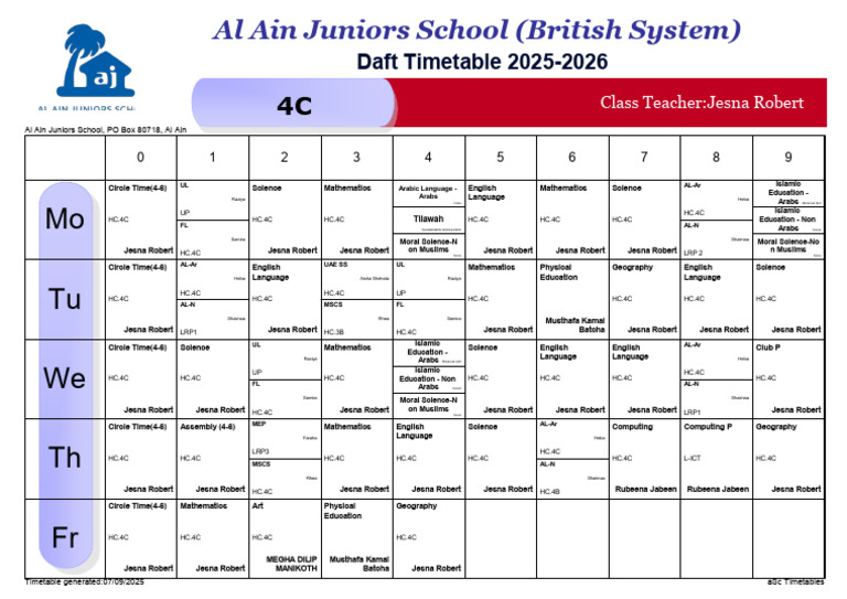 Al Ain Juniors School 4C Timetable 2025-2026 | PDF | Abrahamic ...