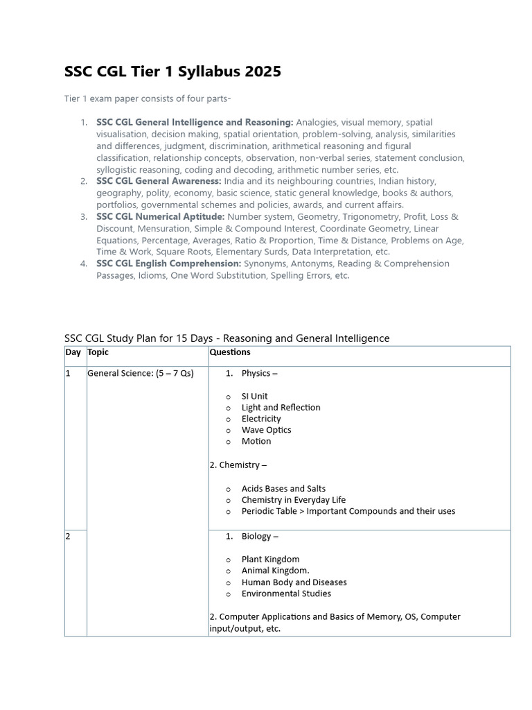 SSC CGL Tier 1 Syllabus 2025 Guide | PDF | Verb | Circle