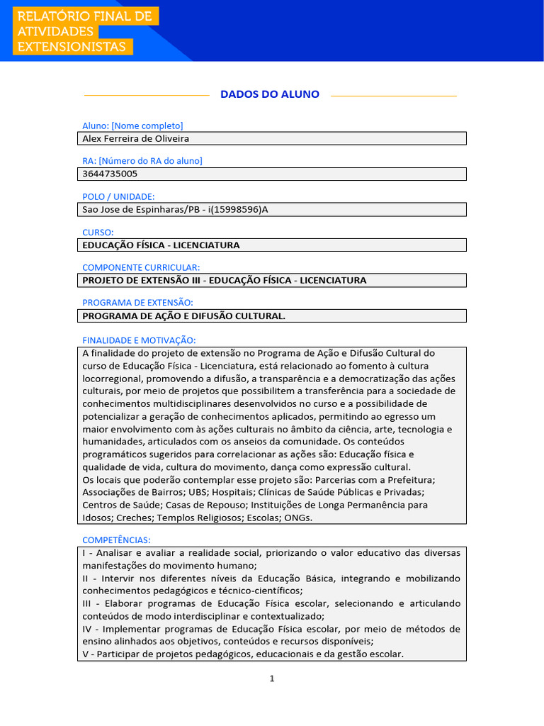 Projeto de Extensão III - Educação Física Programa de Ação e Difusão ...