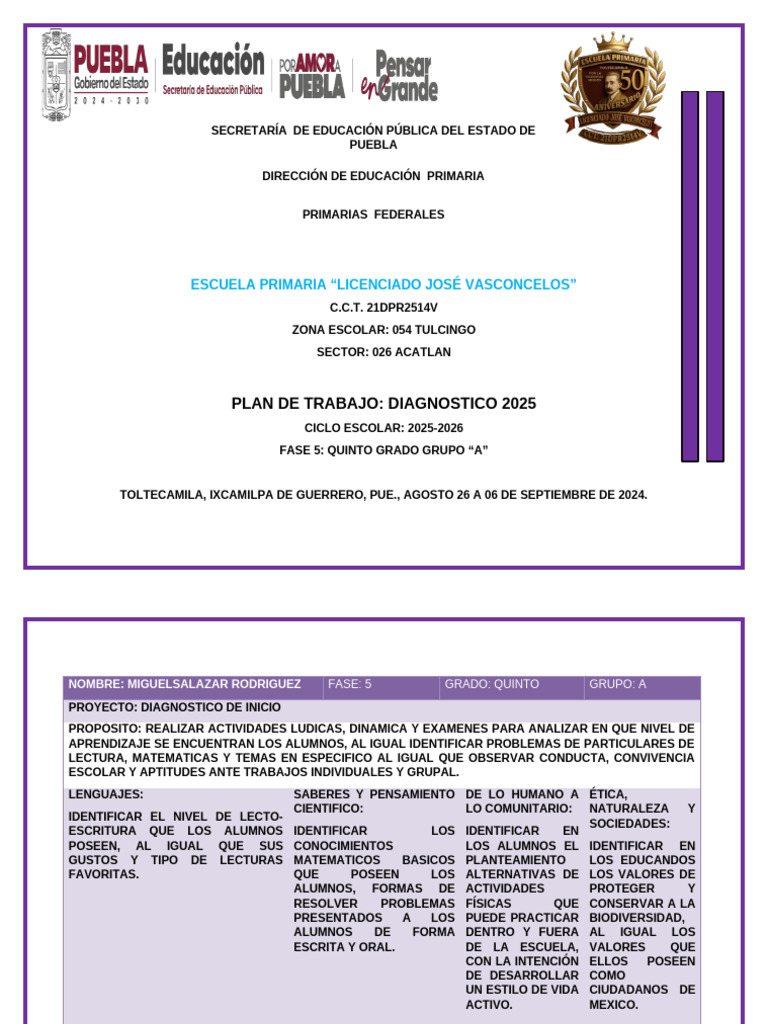 Plan de Trabajo Quinto Grado 2025-2026 | PDF | Educación primaria ...