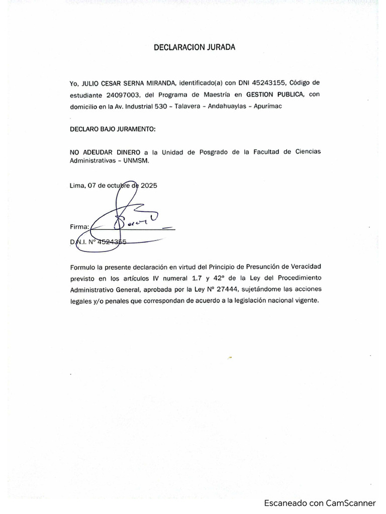 Declaracion Jurada de No Adeudo | PDF