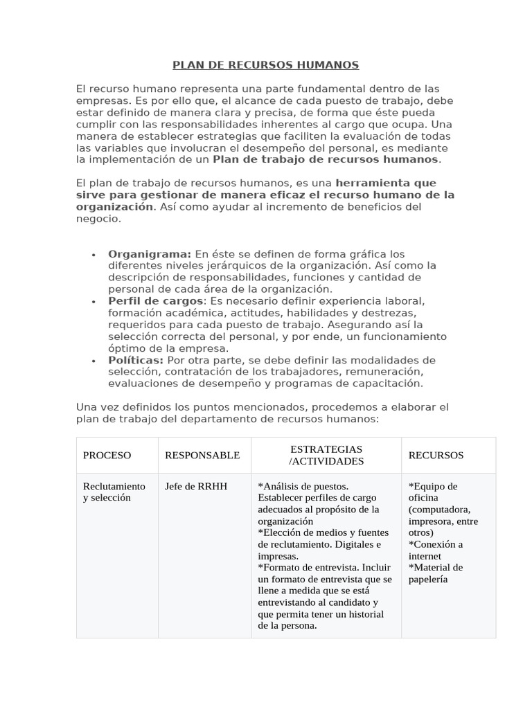 Plan de Recursos Humanos | PDF | Gestión de recursos humanos | Economias