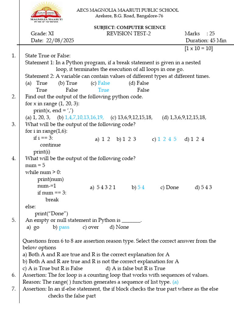 Computer Science Revision Test XI | PDF | Control Flow | Computing
