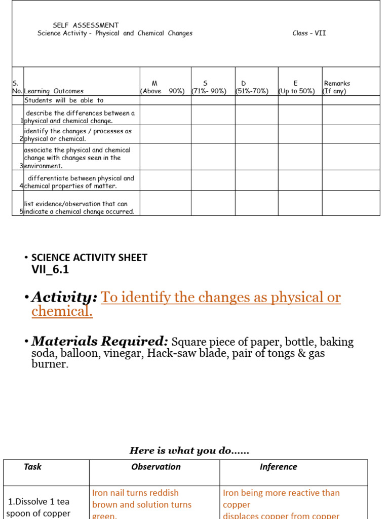 Physical vs Chemical Changes Activity | PDF | Sodium Bicarbonate | Rust