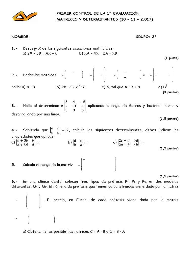 Control de Evaluación: Matrices y Determinantes | PDF | Determinante ...