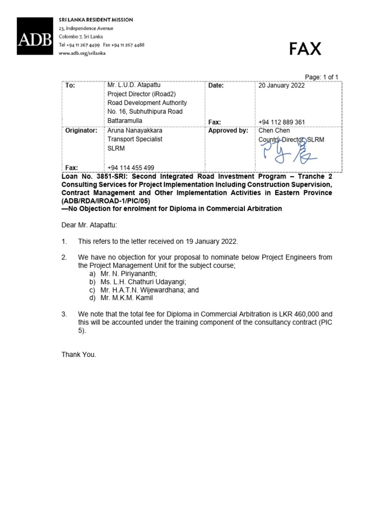 ADB No Objection Letter - Enrolment For Diploma | PDF