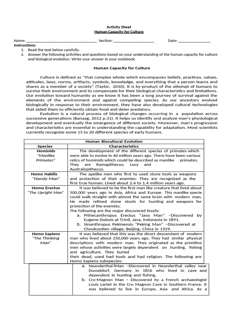 Human Capacity for Culture and Evolution | PDF | Homo | Human