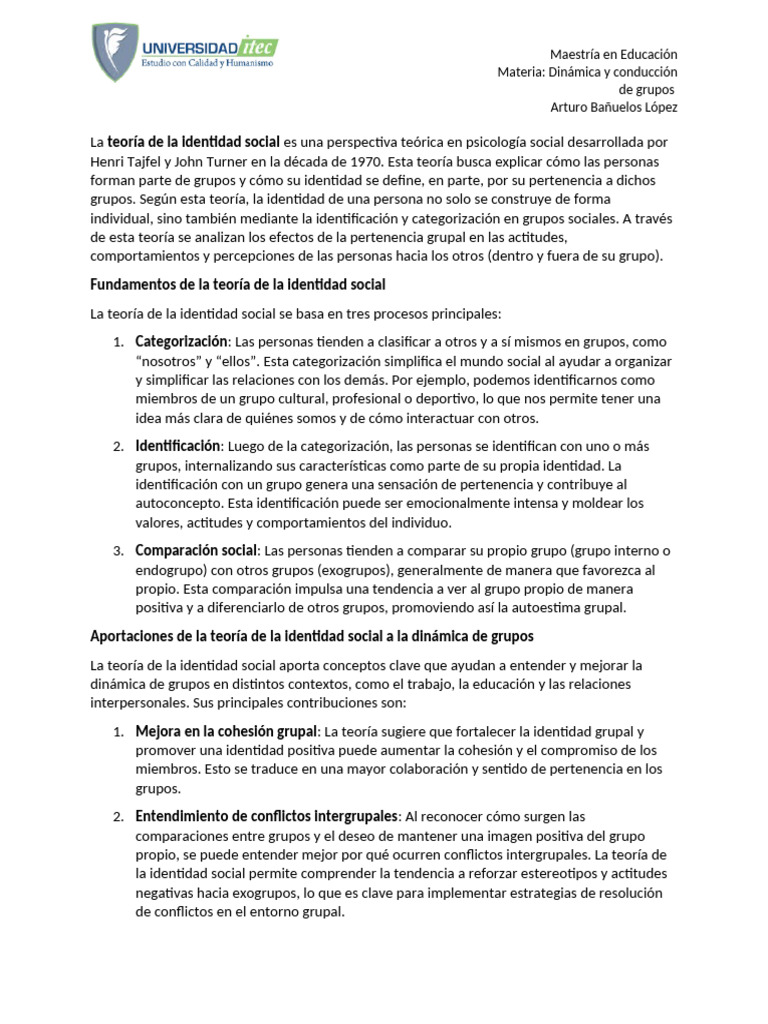 Teoría de Identidad Social en Grupos | PDF | Cohesión grupal ...