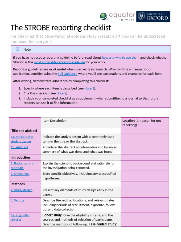 STROBE Reporting Checklist Guide | PDF | Cohort Study | Statistics