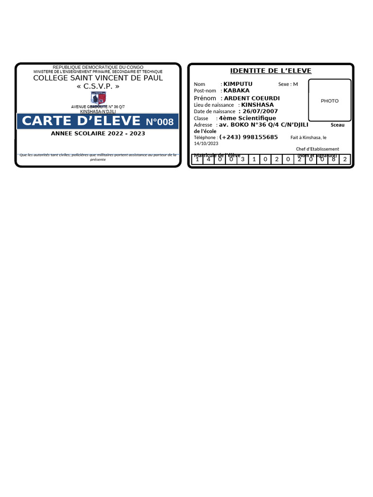 Carte d'élève RDC - Kimputu Ardent | PDF