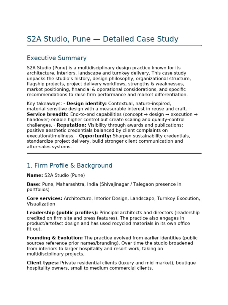 S2A Studio Pune: Case Study Insights | PDF | Design | Project Management