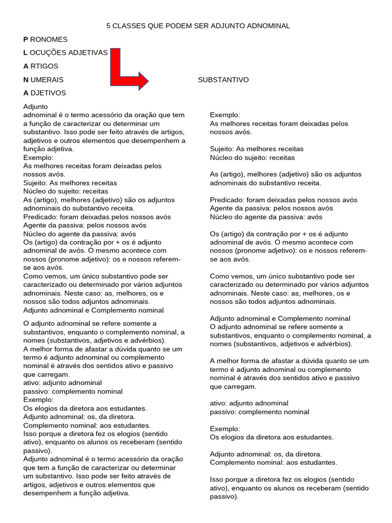 5 Classes Que Podem Ser Adjunto Adnominal | PDF | Substantivo | Pronome