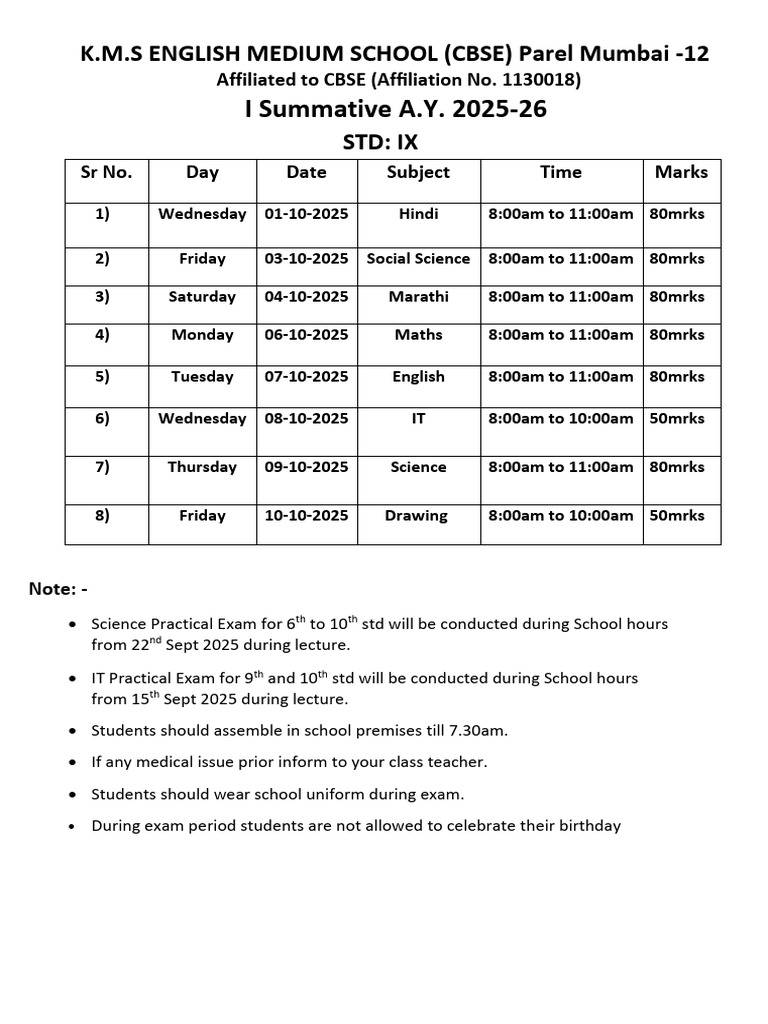 KMS School IX Exam Schedule 2025-26 | PDF