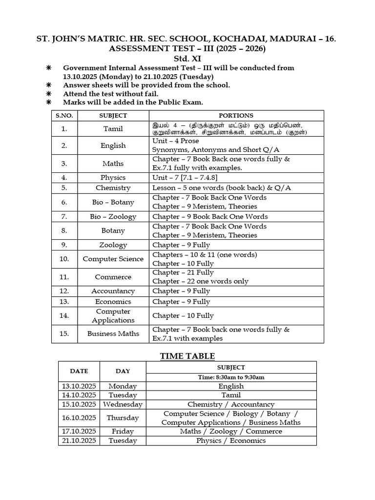 STD - XI - 3rd Assessment Test Portions & Timetable. | PDF | Chess ...