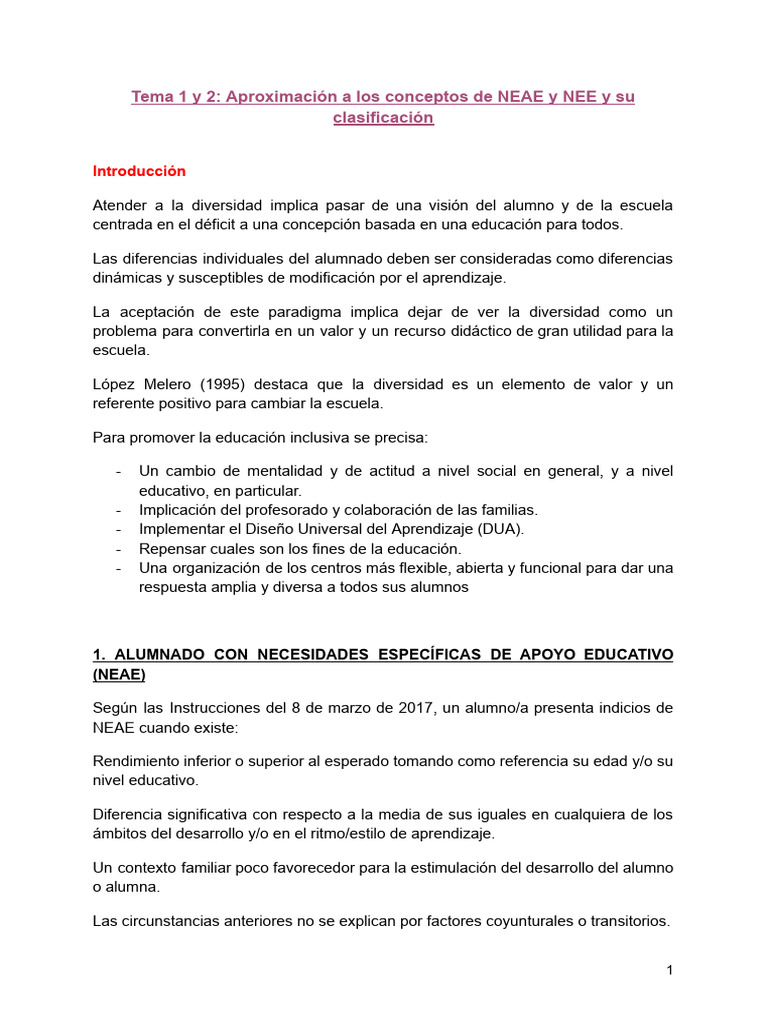 Clasificación de NEAE y NEE en Educación | PDF | Aprendizaje ...