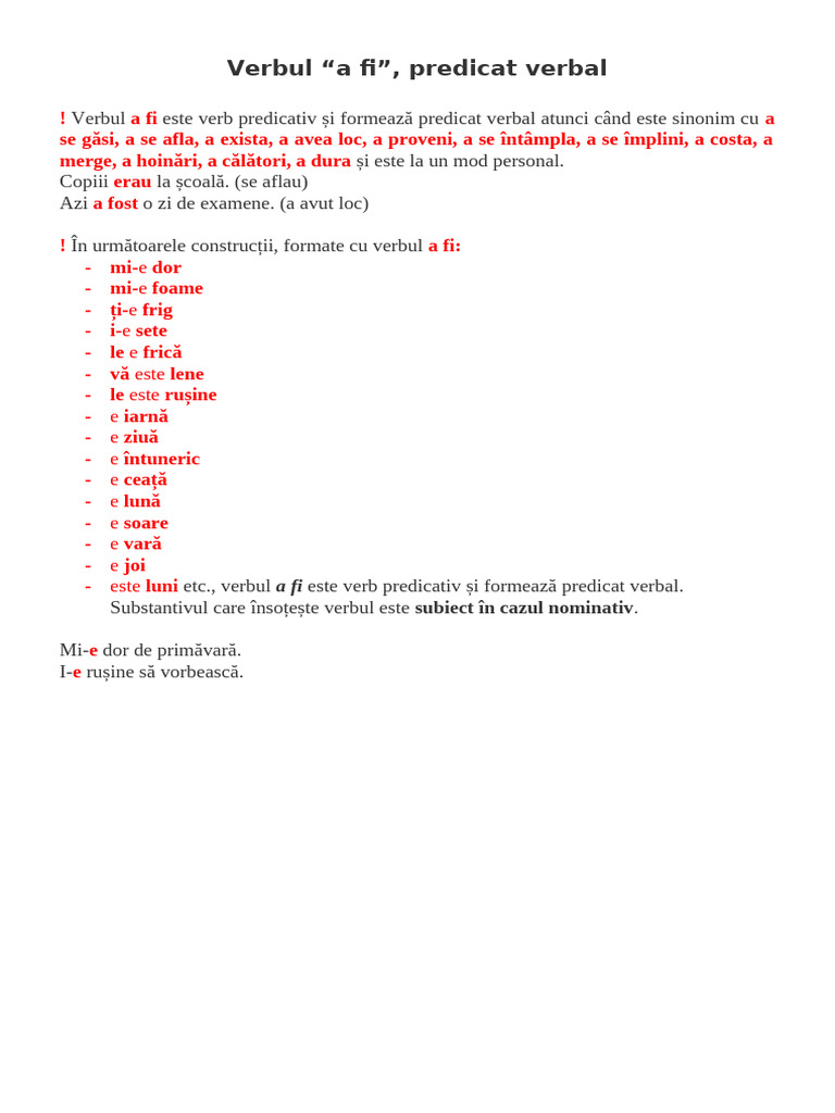 Verbul A Fi - Predicat Verbal | PDF