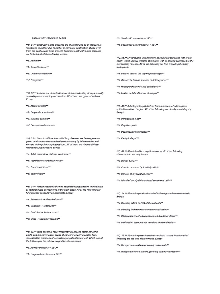 Pathology 2024 Exam Questions | PDF | Anemia | Clinical Medicine