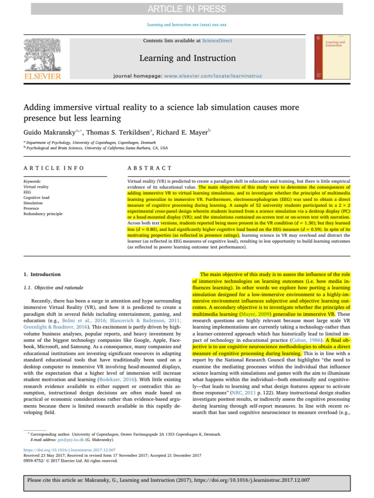 VR In Science Labs: More Presence, Less Learning | PDF | Virtual ...