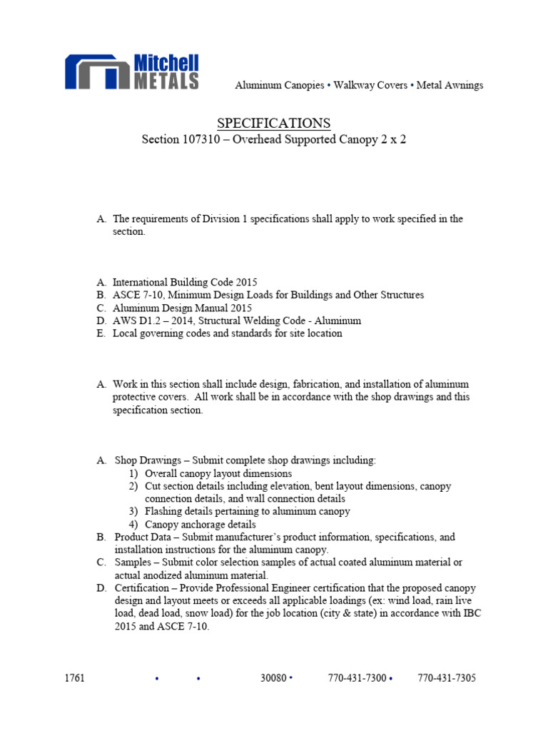 Mitchell Metals Canopy Specifications | PDF | Specification (Technical ...