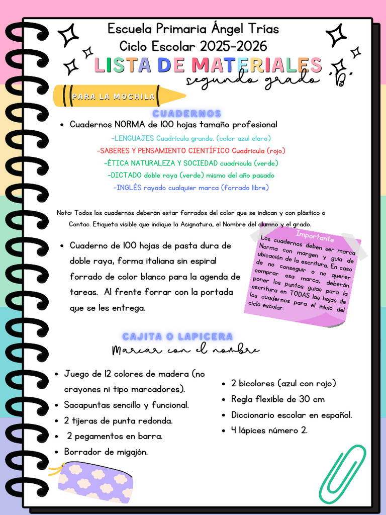 Materiales Escolares Segundo Grado 2025-2026 | PDF | Cuaderno