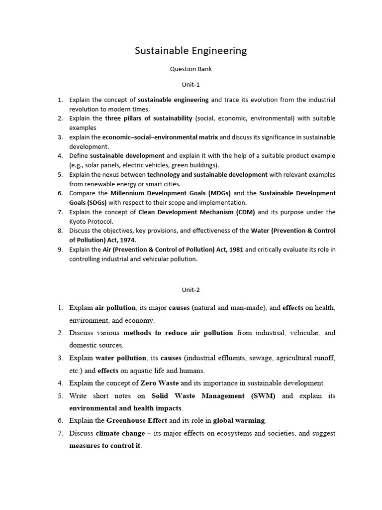 Sustainable Engineering Question Bank | PDF | Sustainability | Pollution