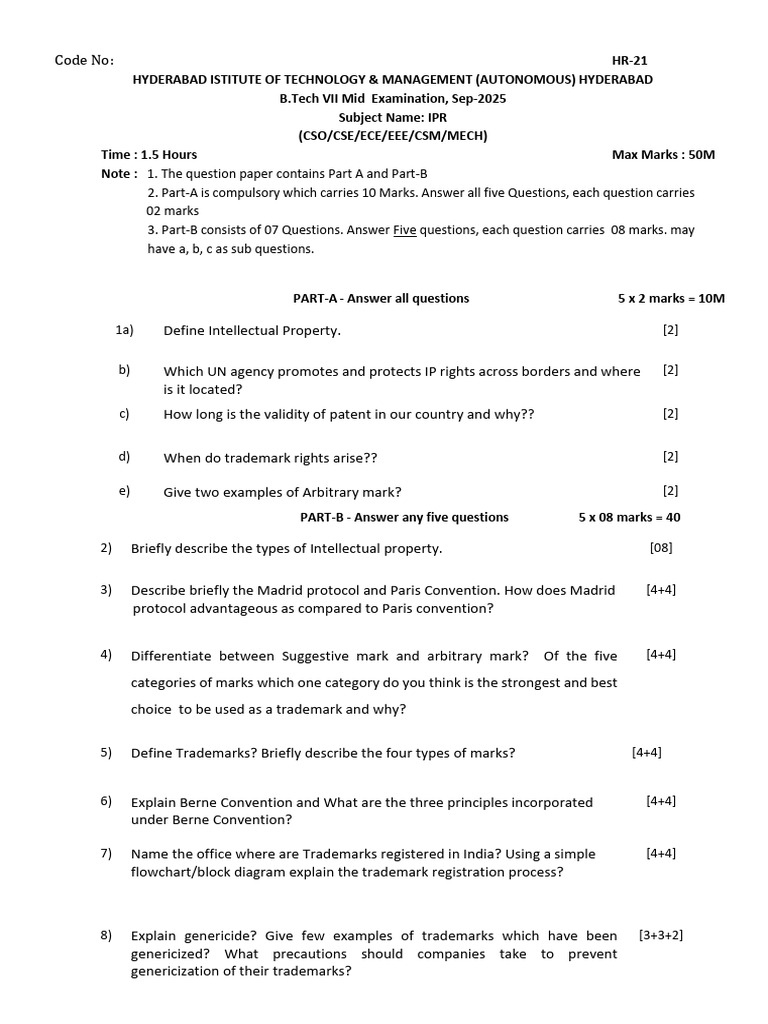 IPR MID I Model Question Paper IV Year Semester I 2025-2026 | PDF ...