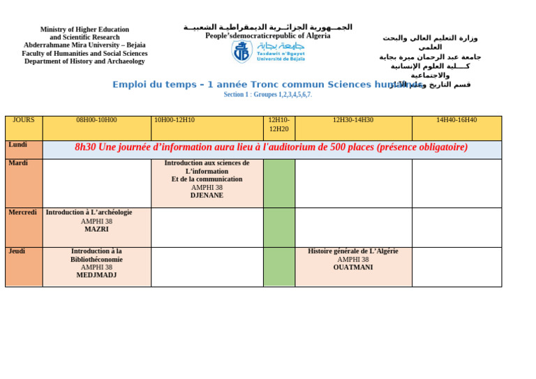 Emploi du temps 1ère année Sciences humaines | PDF
