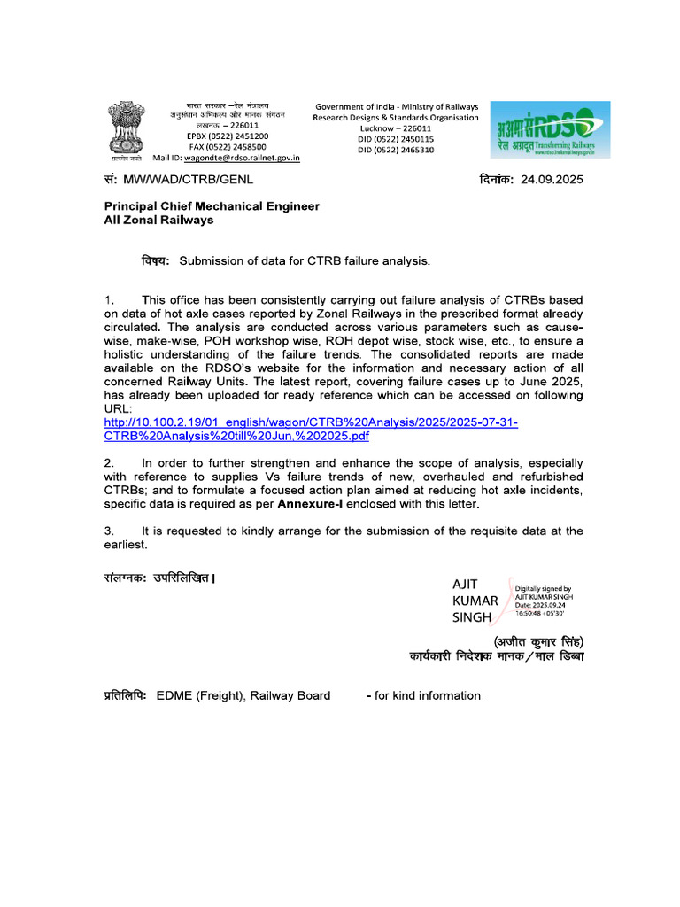 CTRB Data From Zonal Railways - 24.09.25 | PDF