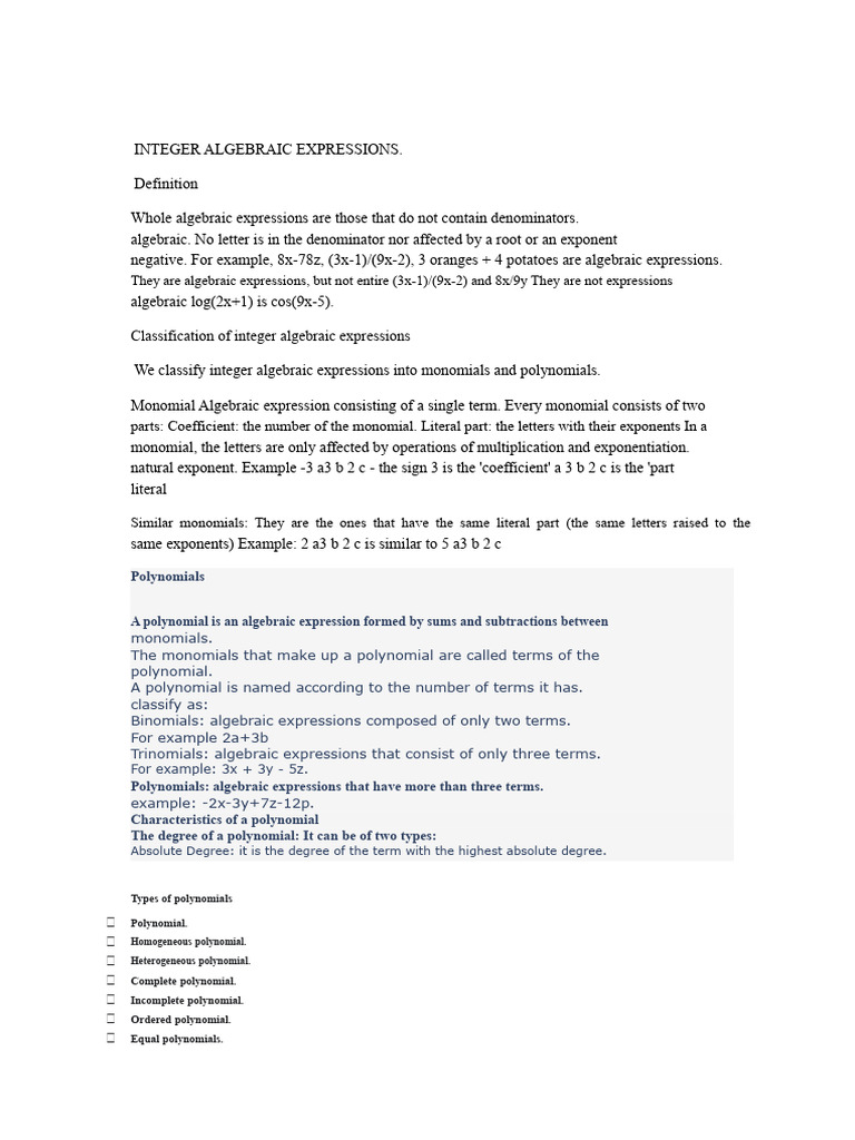 Understanding Integer Algebraic Expressions | PDF | Polynomial ...