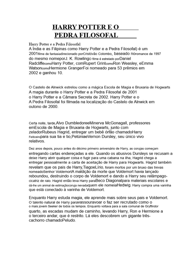 Resumo de Harry Potter 1: A Pedra Filosofal | PDF | Harry Potter