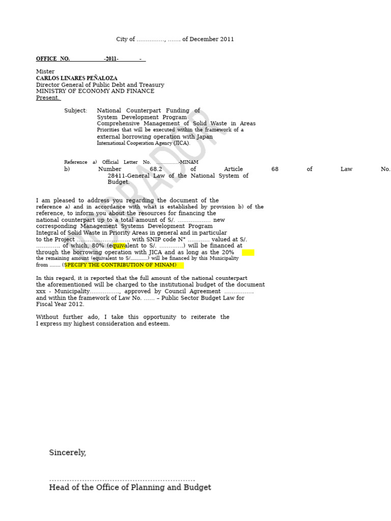 Model of Budget Office Letter For Counterpart 23OCT2011 NSY | PDF