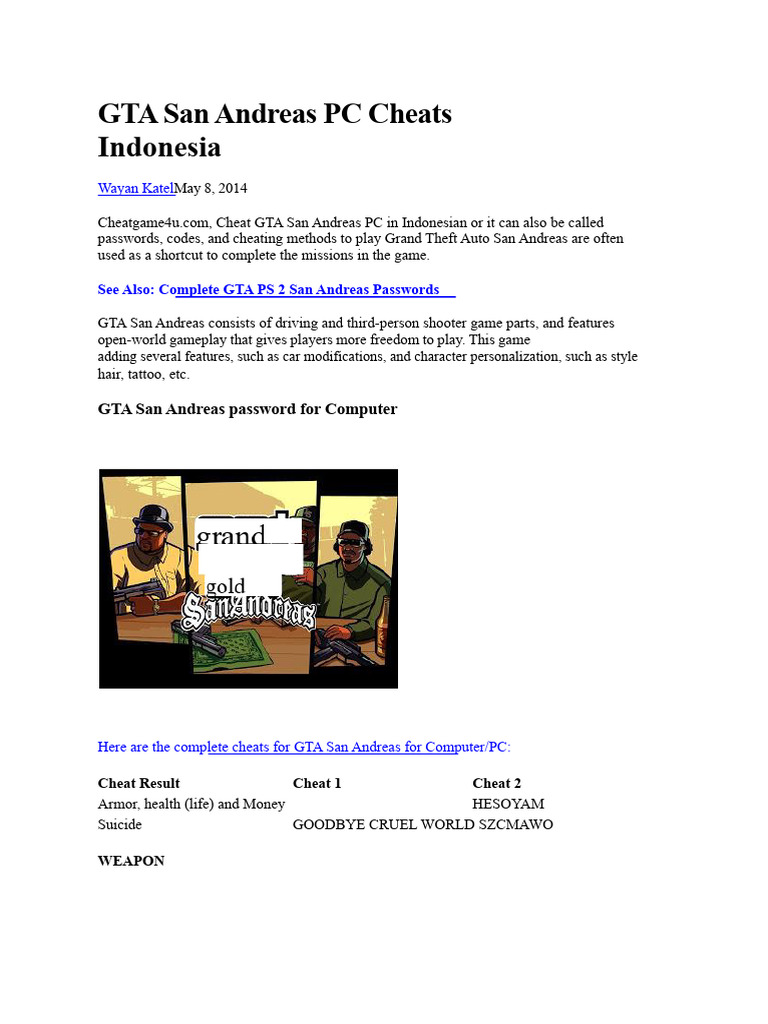 GTA San Andreas PC Cheat Codes in Indonesian PDF Vehicles