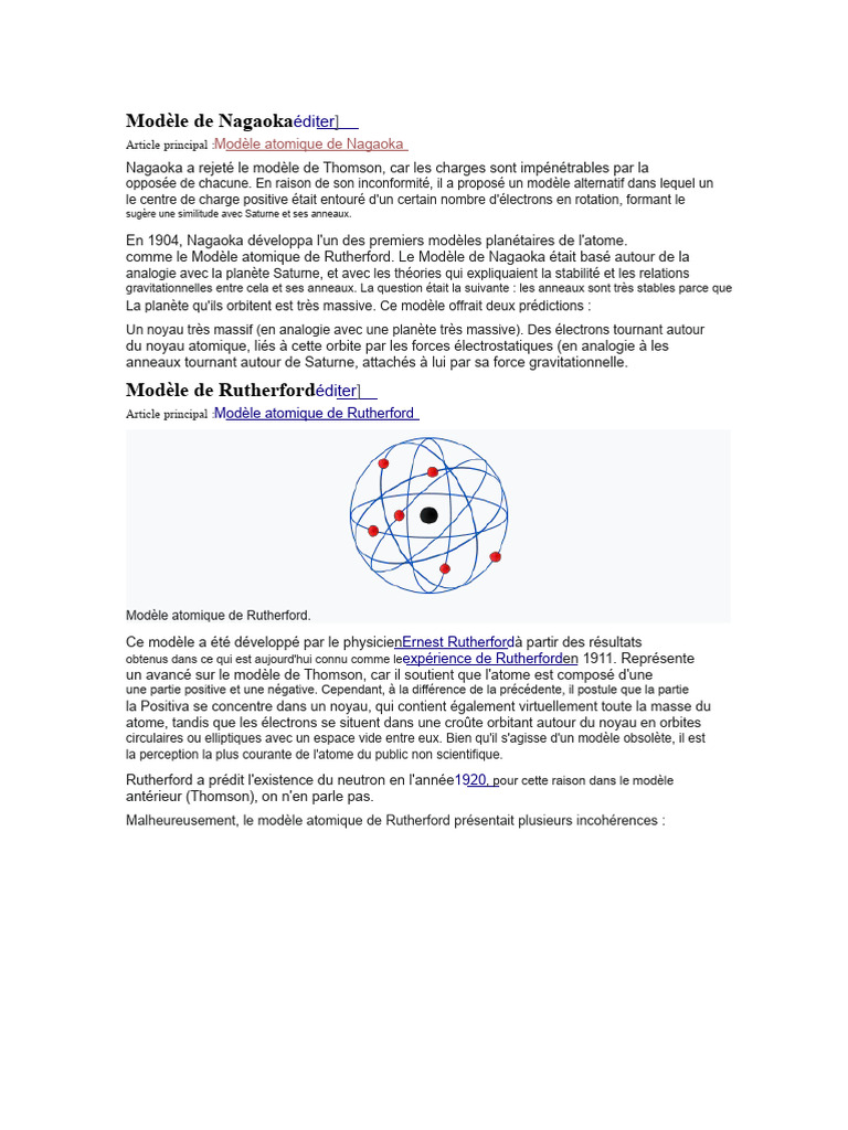 Modèles atomiques de Nagaoka et Rutherford | PDF