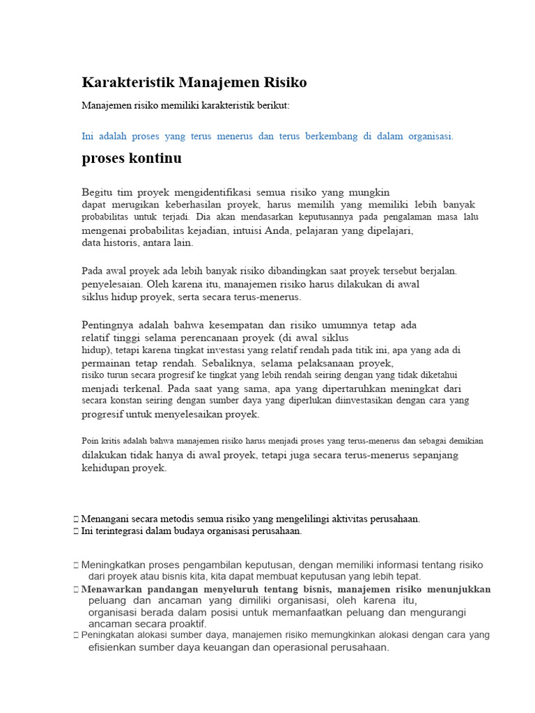 Karakteristik Utama Manajemen Risiko | PDF