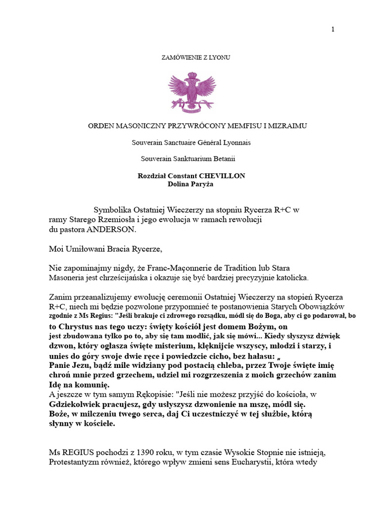 Symbolizm Wieczerzy W 18 Stopniu | PDF