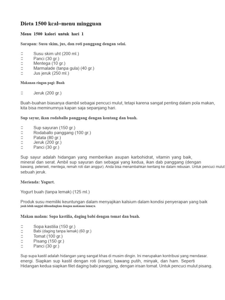 Menu Diet 1500 Kcal Mingguan | PDF