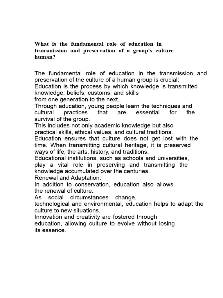 What Is The Fundamental Role of Education in The Transmission and ...
