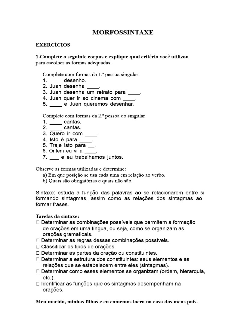 Exercícios de Morfossintaxe e Sintaxe | PDF | Palavra | Assunto (gramática)