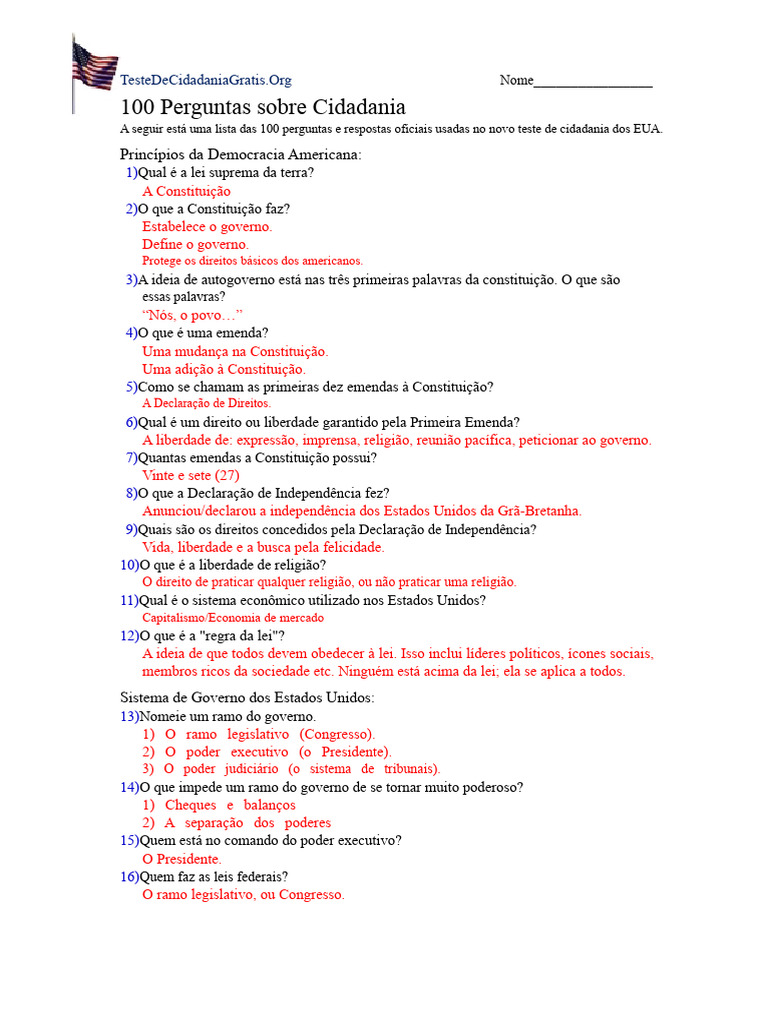 100 Perguntas do Teste de Cidadania EUA | PDF | Os Estados Unidos ...