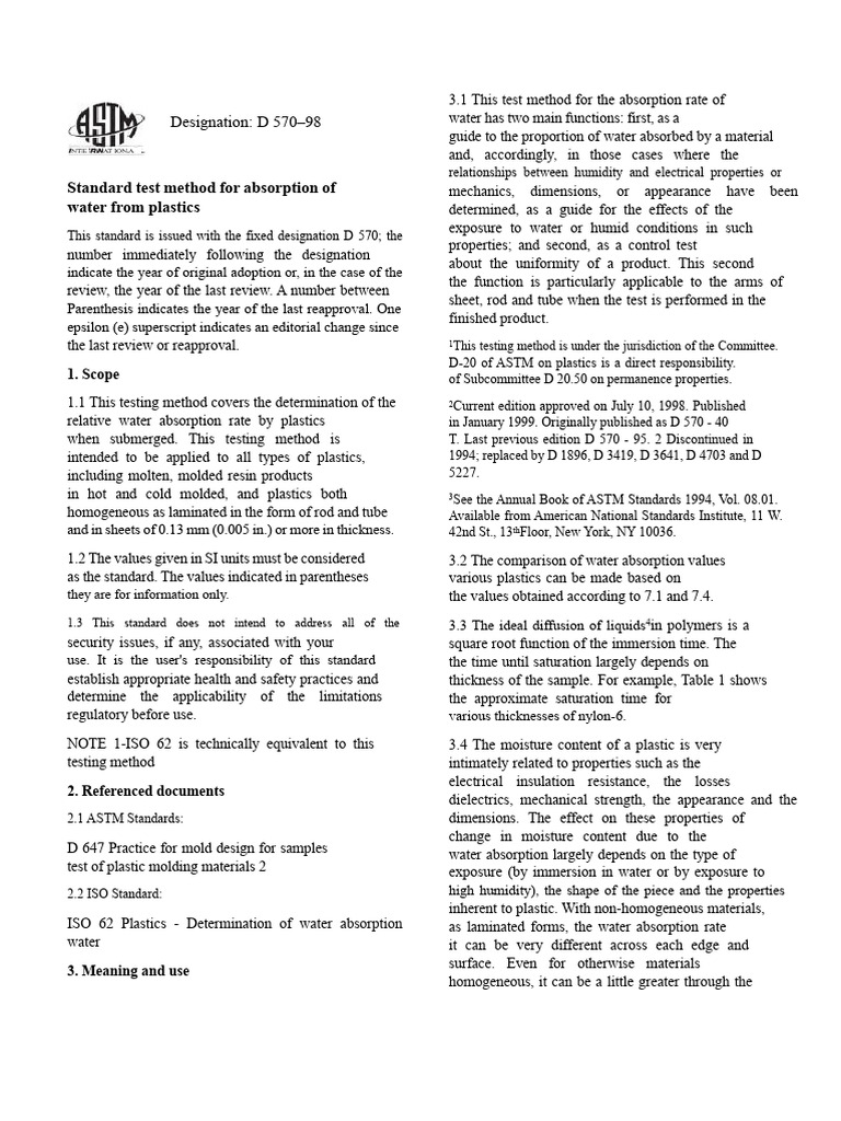 ASTM D570 Water Absorption Standard | PDF | Water | Solubility