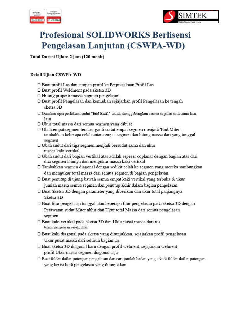 Ujian Sertifikasi SOLIDWORKS CSWPA-WD | PDF