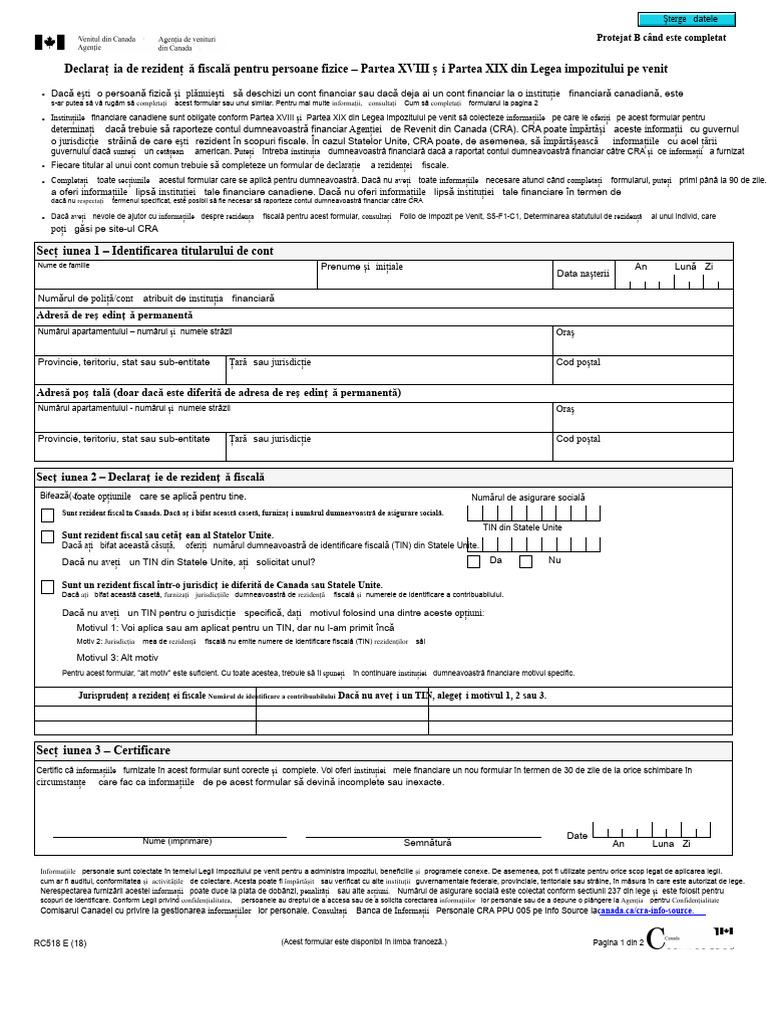 Declarația CAN Taxa de Rezidență Rc518 Completați 18e | PDF
