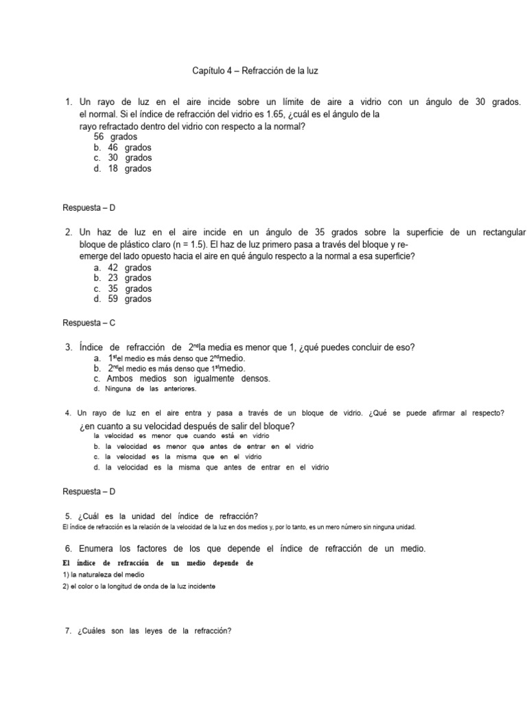 Refracción de la Luz: Conceptos Clave y Ejercicios | PDF | Refracción ...