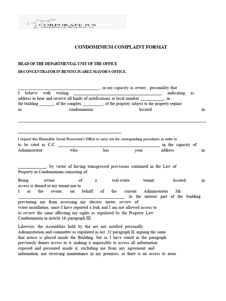 Condominium Complaint Submission Template | PDF | Condominium | Common Law