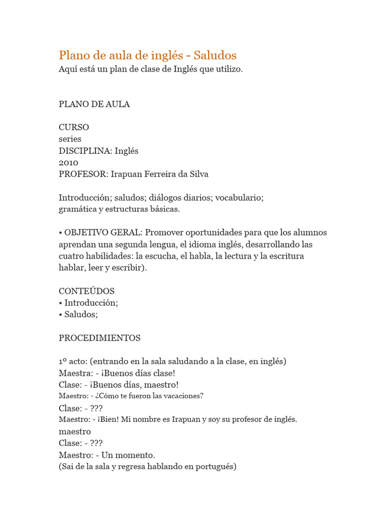 Plan de Clase de Inglés: Saludos y Vocabulario | PDF | Idioma en Inglés ...